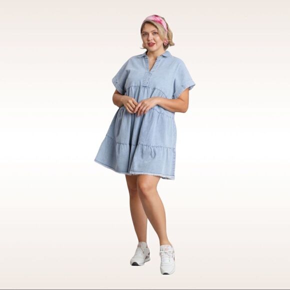 Umgee Ruffle Tiered Denim Dress with Frayed Hem Plus Sze - Picture 1 of 7